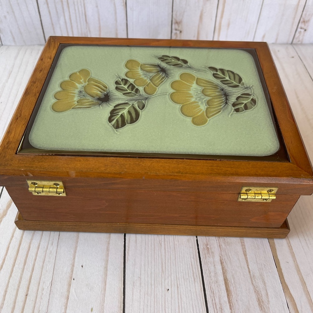 Jewelry Keepsake Stained Wood Box Craftsman Style Floral Tile Hinge Lid